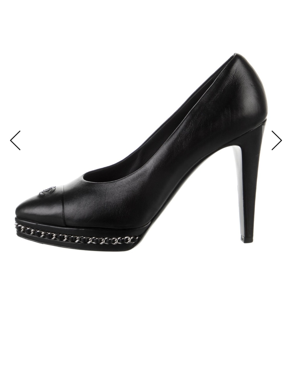 CHANEL Classic Black Leather High Heel Pumps with Chain Trim